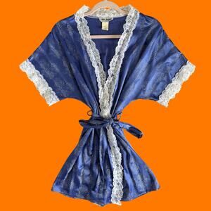 80's 90's vintage periwinkle floral lace peignoir coquette robe M nite images